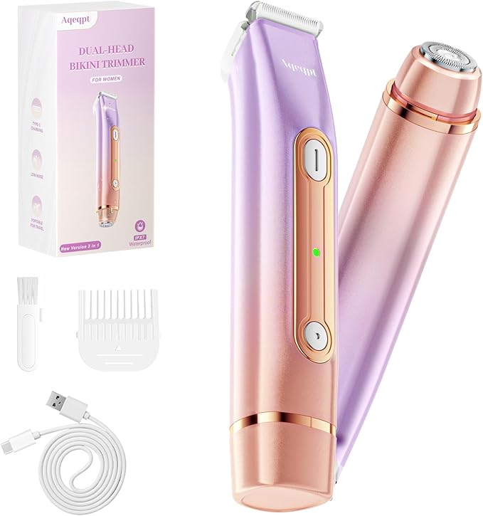 Bikini Trimmer for Women, Electric Razors with Dual Heads, Rechargeable Pubic Hair Trimmer with IPX7 Waterproof, Painless Pro Shaver for Underarm Leg Arm Body Face Private Area（DuskyRose）