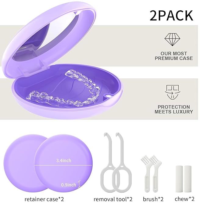 2 Pack Retainer Case with Mirror, Compatible with Invisalign, Orthodontic Aligner Case with Removal Tool and Brush, Purple