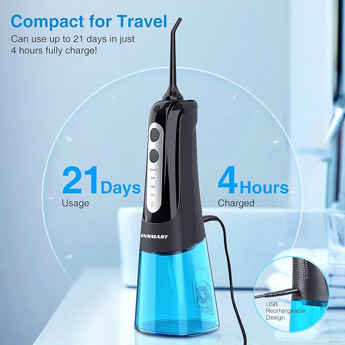INSMART Water Flosser for Teeth: Cordless Dental Electric Flosser for Oral Care,Rechargeable Floss DIY Mode IPX7 Waterproof,Portable Travel Flossers Set for Teeth Cleaning with 4 Modes