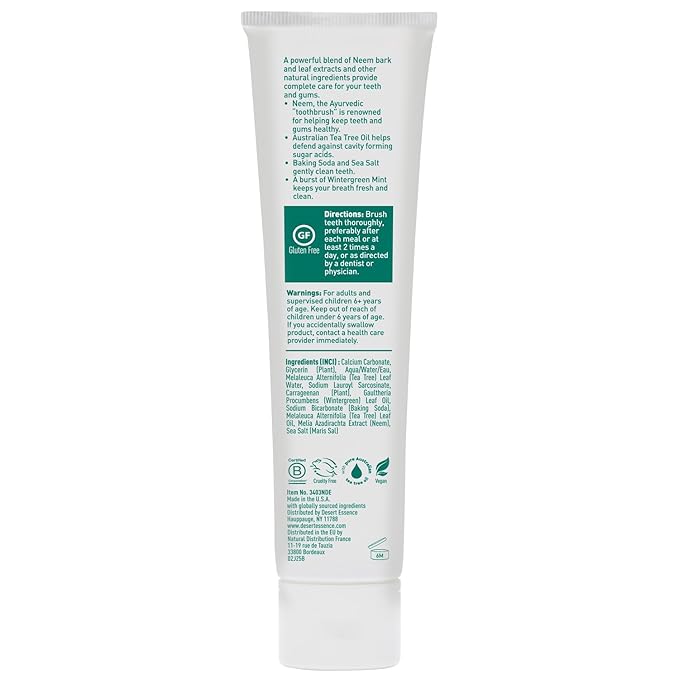 Desert Essence Tea Tree Oil & Neem Toothpaste - Fluoride-Free, Gluten-Free, SLS Free Formula - Vegan, Herbal Toothpaste for Plaque Reduction - Wintergreen Flavor, 6.25 oz