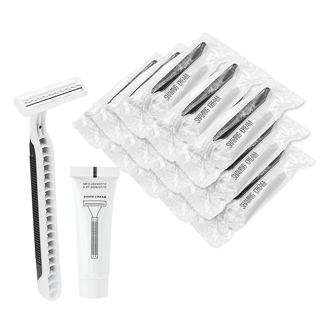 Disposable Razors in Bulk Pack of 120,Black Disposable Shaving Razors Individual Wrapped Twin Blade Bulk Disposable Razors with Clear Cap and 10gShaving Cream for Homeless,Hotel,Travel,Charity,Shelter