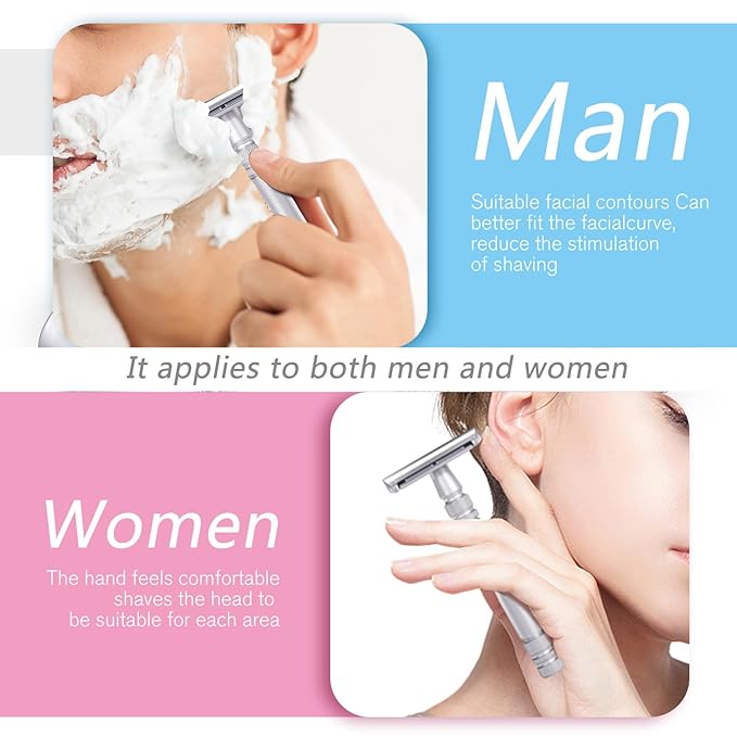 Men's and Women's Manual Razor Safety Razor with 10 Double Edge Blades, Double Edge Razor, Eco-Friendly, Smooth Close Shave, Plastic-Free, Easy to Carry for Traveling at Home (Silver)