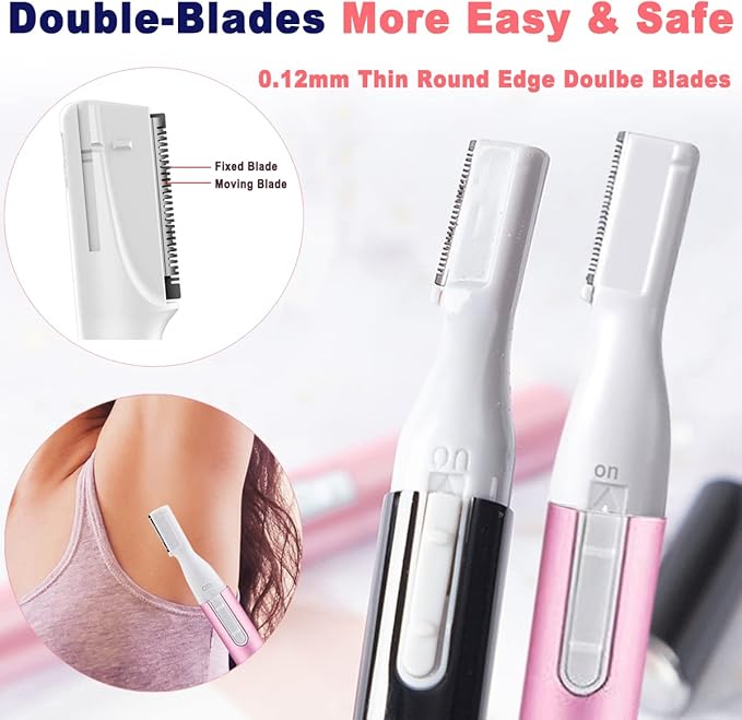 Electric Eyebrow Trimmer for Women, Facial Hair Razor Removal for Men, Mini Epilator for Bikini, Remover for Face, Chin, Peach Puzz, Lips, Body, Arms, Legs, Battery Operated (Pink, Black)
