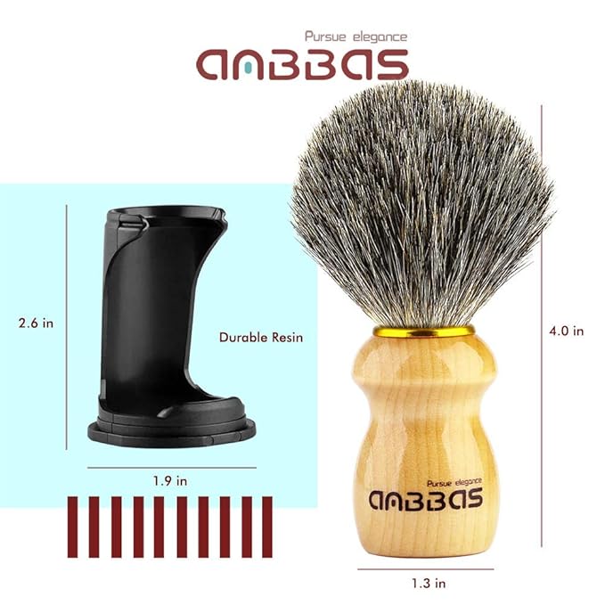Anbbas Shaving Brush and Holder,Pure Badger Hair with Wood Handle,Black Resin Stand Holder,Contracted Design 2in1 Set for Men Wet Shave