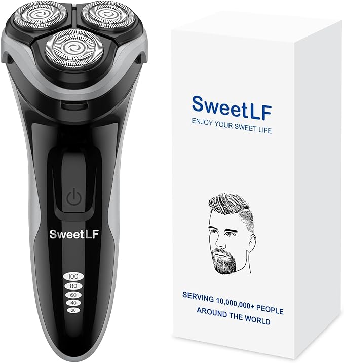 SweetLF Men's Electric Razor - 120 min runtime, 1-Hour Fast Charge, IPX7 Fully Waterproof, Wet & Dry Rotary Shaver with pop-up Trimmer, Type-C Rechargeable