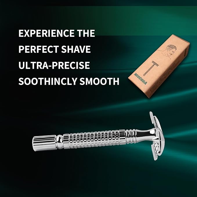 Safety Razor for Men and Women, Reusable Metal Razors, with 10 Platinum Safety Razor Blades, Face Razors for Men Shaving, Sustainable Hair removal and shaving cleaning tools, Metallic Silver