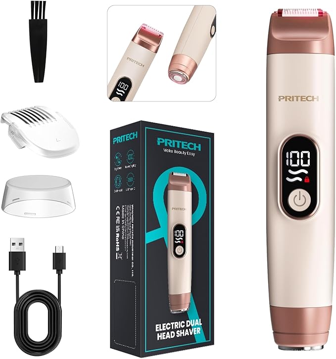 PRITECH Bikini Trimmer for Women, 2-in-1 Painless Electric Razors for Silk Skin, Portable Lady Shaver for Women Private Area, Face, Legs & Underarms, Wet/Dry LED