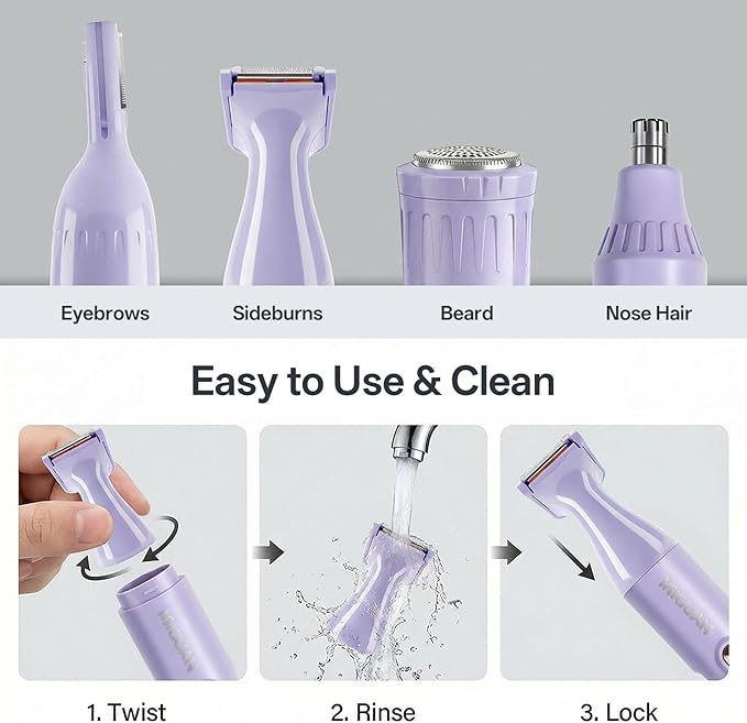 Rechargeable Nose Hair Trimmer - 4-in-1 Ear Eyebrow Beard Grooming Kit for Men & Women, Waterproof Quiet Motor, Type-C Fast Charging, Portable Travel Size Nose Trimmer Beard Trimmer (Purple)