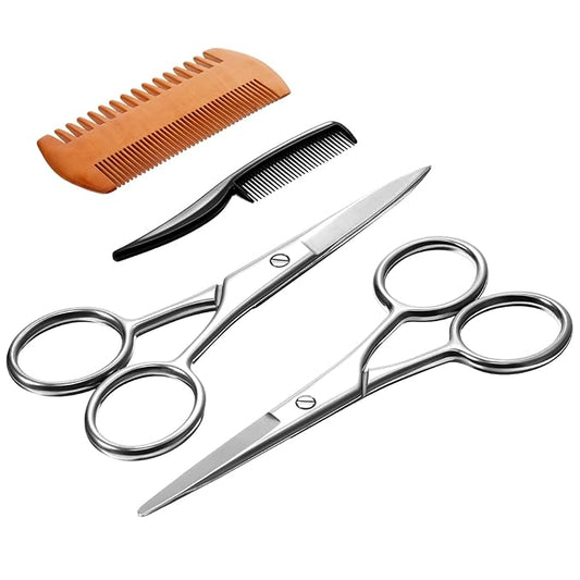 TecUnite 4 Pieces Mustache Scissors Grooming Kit for Men, Beard Trimmer Set, 2 Small Combs and 2 Scissors Beard Trimming Kit with Storage Bag Box
