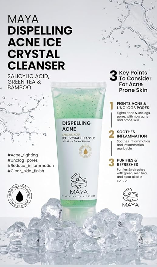 MAYA Ice Crystal Salicylic Acid Cleanser – 2% BHA Acne Face Wash with Green Tea and Bamboo, Exfoliating Ice Scrub, Removes Dead Skin & Clears Pores – 120 g