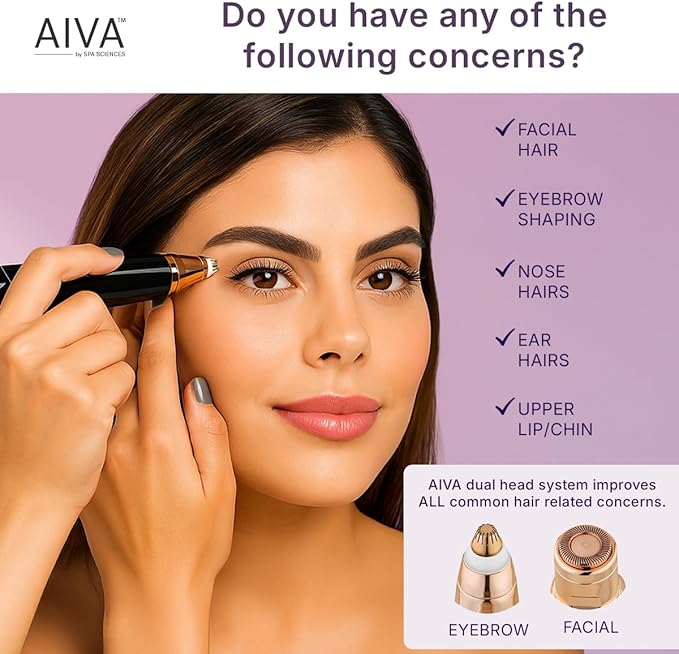 SPA SCIENCES - AIVA Deluxe – Patented Dual 2-in-1/Double Sided Facial Hair Remover & Eyebrow Trimmer USB Rechargeable with Built-in LED Lights & 2 Extra Replacement Heads