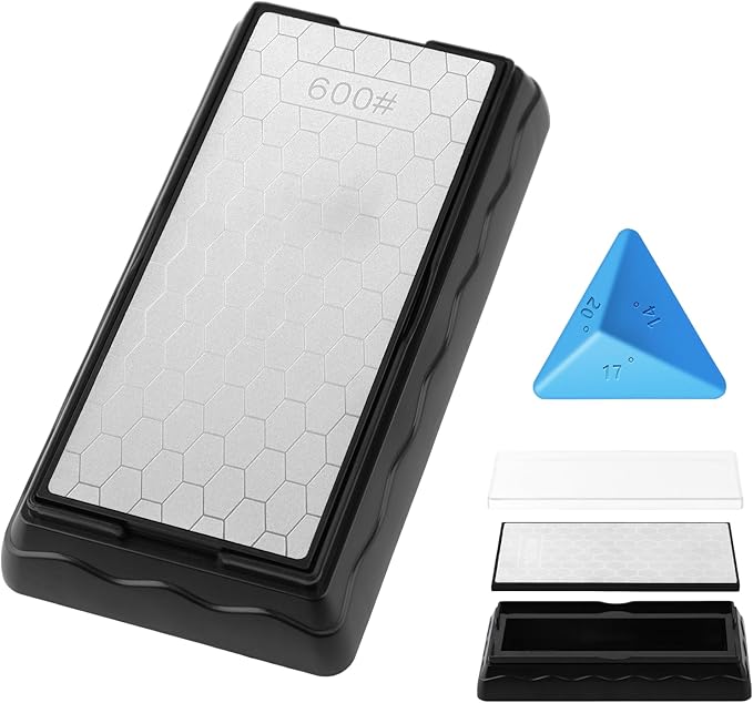 Double-sided Diamond Sharpening Stone,Knife Sharpening Stone with Extra Fine 1200/Coarse 600 Grit Diamond Plate, Storage Case with Non-Slip Base & Angle Guide(7 x 3.5 Inch)