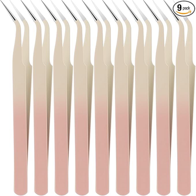 Honoson 9 Pieces Curved Pointed Craft Tweezers Stainless Steel Precision Tweezer with Protective Cover for Rhinestones Dried Flowers Craft Stickers Eyelash Extension Jewelry Making (Gradient Pink)