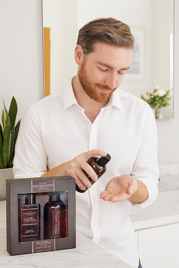 Pecksniffs Mens Bathing Duo Collection – Leather & Oakmoss Scented Body Wash and Body Lotion Gift Set, 2 x 250ml