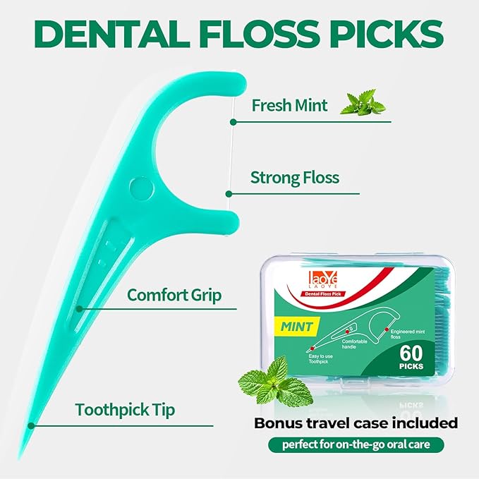Floss Picks, 300 Count Mint Dental Floss Picks, Toothpicks with 5 Travel Cases for Extra Convenience, Helps Prevent Cavities, Remove Plaque & Freshen Breath, Premium Floss Sticks for Family