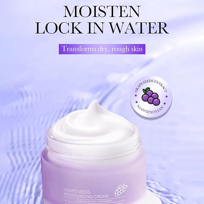 Grape Seed Face Cream - 1.76oz Anti-Aging Moisturizer with Vitamin E & Hyaluronic Acid, Deep Hydration for Dry Skin, Wrinkle Reducing Night Cream, Non-Greasy Formula for Women & Men