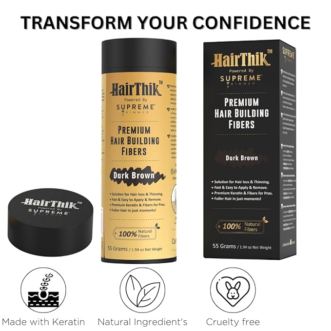 Supreme Trimmer Hair Building Fibers - Instantly Fill in Fine or Thinning Hair for Thicker, Natural, Fuller-Looking Hair for Men & Women – Hair Thinning & Balding Solution | Dark Brown, 55 Grams