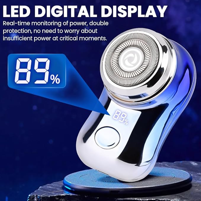 Mini Travel Electric Shaver, Portable Pocket Size Rechargeable Shaving Razor Lightweight Razor with Battery Power Display Wet & Dry Rotary for Teen Office Business(Color:Blue)