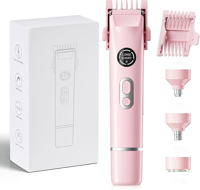 Bikini Trimmer for Women, 4 in 1 Wet/Dry Electric Razors for Women - Dual Head, Painless Rechargeable Portable Womens Razors for Shaving Set for Face, Nose, Eyebrows, Armpits, Bikini Area (Pink)