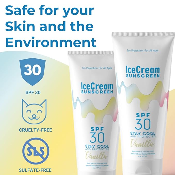 IceCream Sunscreen Broad Spectrum SPF 30 Lotion, Body & Face, Sunblock, Moisturizer, Water & Sweat-Resistant, Reef-Friendly & Cruelty-Free, 6oz (177ml) - Vanilla (Pack of 2)