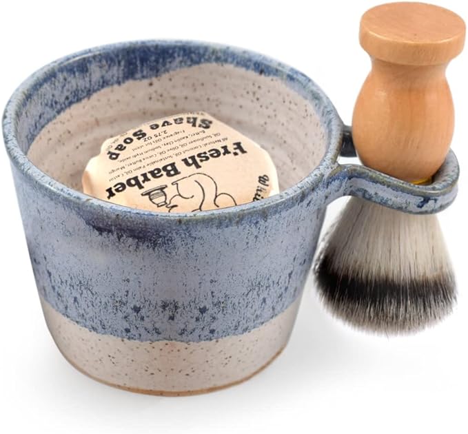 Modern Artisans American Made Stoneware Pottery Shave Bowl Set with Brush