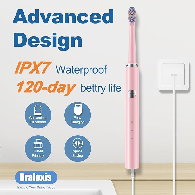 Electric Toothbrush for Adults and Kids, with Tongue Scraper and 8 Brush Heads, One Fast Charge Last 120 Days, 40000 VPM Deep Clean, Sonic Travel Toothbrush - Pink