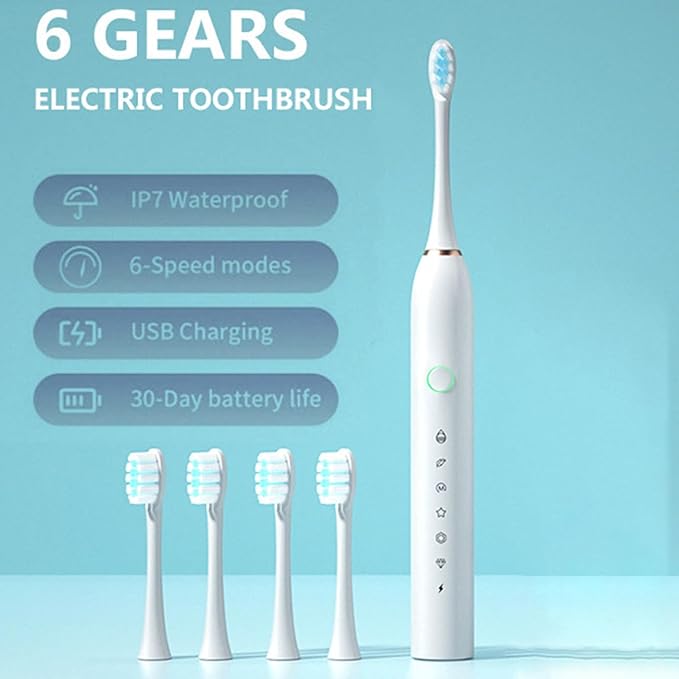 Electric Toothbrush with 4 Brush Heads 6 Modes Smart Timers IPX7 Waterproof USB Rechargeable 42000VPM Adults Toothbrush Set Travel Toothbrush Rechargeable Portable 4 Brush Heads White