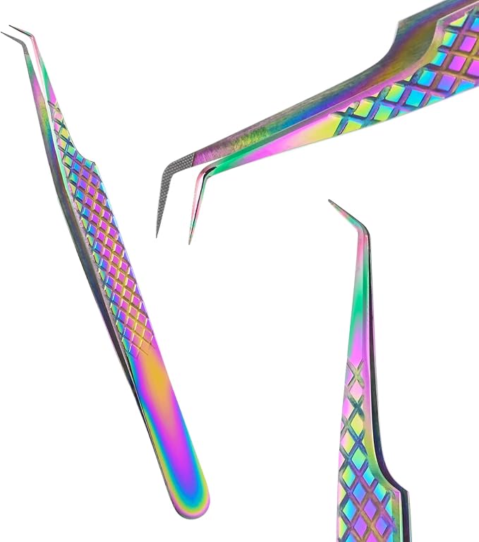 My Lash Tools Fiber Tip Lash Tweezers for Eyelash Extension Curved 45 Degree Angled Tweezer Best for Volume, Individual Isolation & Classic Lashes Stainless Steel Lash Supplies (Rainbow)