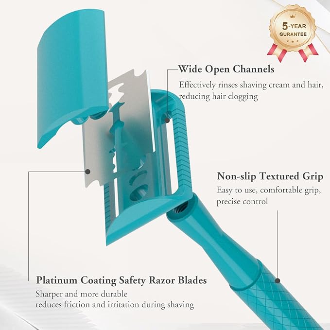 Teal Blue Safety Razor - Single Blade Razors for Women - Reusable Metal Razor, with 5 Stainless Steel Double Edge Blades, Smooth Close Shave, Sustainable, Plastic Free