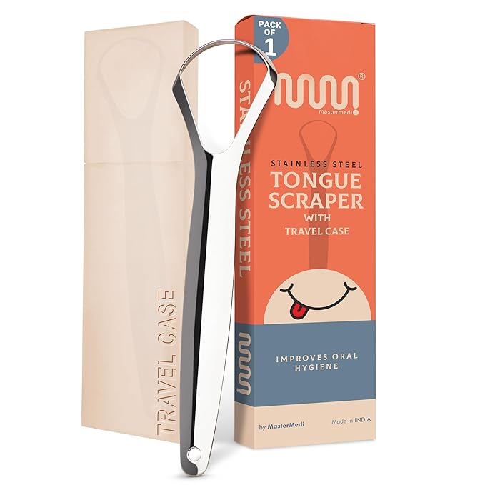 MasterMedi Tongue Scraper for Adults, 100% Stainless Steel Tongue Scrubber for Bad Breath, Easy to Use, Tongue Cleaner for Oral Care & Hygiene (SPTC-1|with Case)