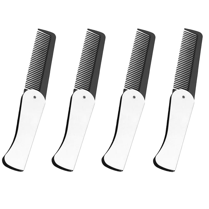 4 Pcs Folding Pocket Combs for Men - Stainless Steel Fine Tooth Hair Beard Combs for Styling Hair, Beard or Mustache Care, Compact Design for Travel & Everyday Grooming (Silver)