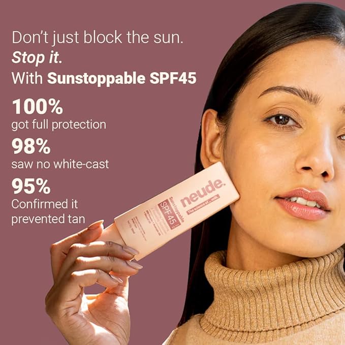 Neude Sunstoppable Sunscreen With Spf 45 Pa+++ & No White Cast For Men & Women, Daily Use Broad-Spectrum Protecting & Repairing Sunscreen Moisturizer, Blue Light Protection, Paraben-Free, 50Ml