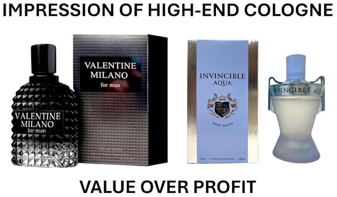 VALENTINE MILANO and (INVINCIBLE AQUA Cologne for Men Combo Pack Eau de Toilette Fragrance 3.4oz/100ml, Natural Spray, Long Lasting (Pack of 2))