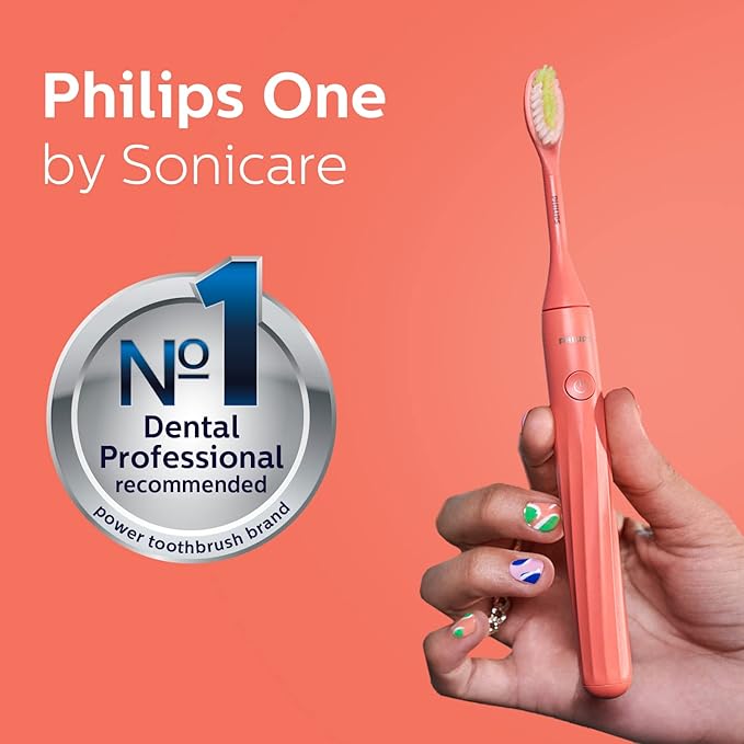 Philips One Electric Toothbrush by Sonicare HY1100/51 - Micro Vibrations, Soft bristles That Gently Polish and whiten teeths, 3 Month Battery Life, 2 Minute Timer and Quadpacer Red