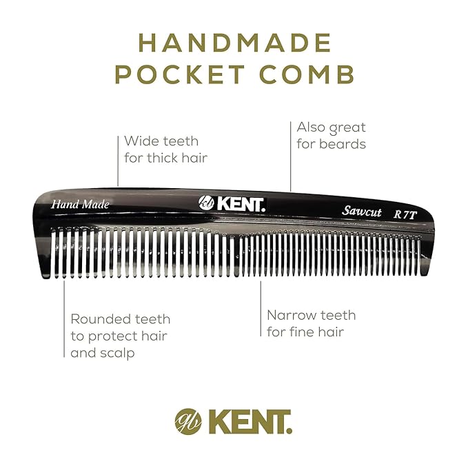Kent R7T Graphite Double Tooth Hair Pocket Comb, Small Fine/Wide Tooth Comb For Grooming Styling Hair, Beard and Mustache, for Men, Women and Kids. Saw Cut and Hand Polished. Handmade in England