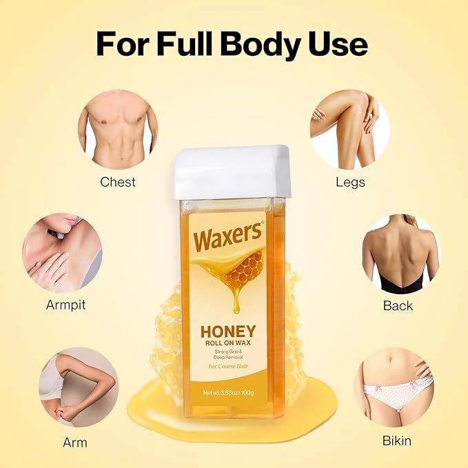 Roll on Wax Kit for Hair Removal Honey at Home Waxing Kit for Women & Men Roller Wax Cartridge Depilotry for Coarse & Thick Hair with Warmer & Strips