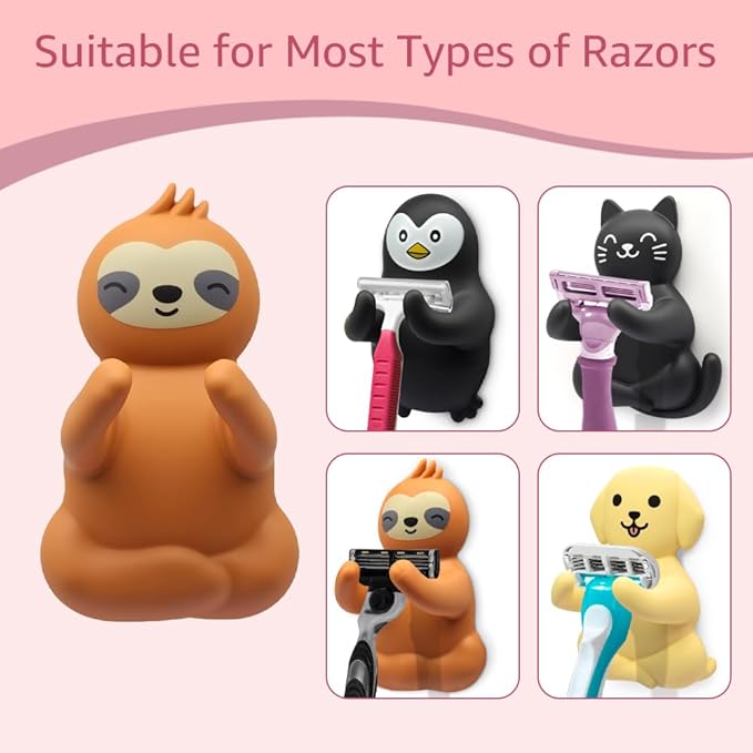 Razor Holder for Shower, Funny Sloth Safety Razor Stand for Women, Razor Hanger for Family, Towel Squeegee Shaver Hooks for Bathrooms Wall, Cute Decorative Shaver Hooks for Friend Sister D