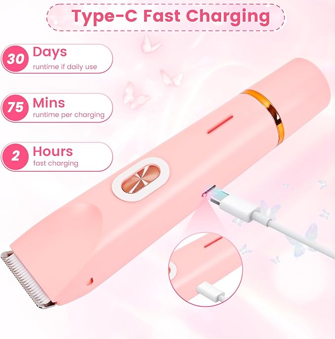 2 in 1 Bikini Trimmer for Women, Dual Head Electric Rozor, Facial Hair Removal, Ipx7 Waterproof Body Shaver for Bikini Face Armpit Pubic Hair Leg Back, Easy Cleaning, Ceramic Blade (Pink)