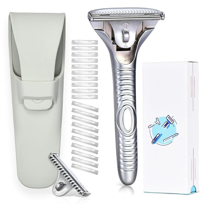 Magnetic Single Blade Razors for Men & Women,Reusable Safety Razor with 360° Rotating Track + 20 Single Edge Razor Blades + Waterproof Silicone Case - Pearl Chrome