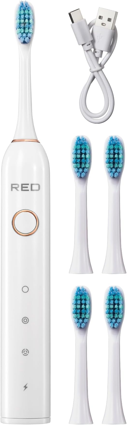Red by Kiss Hypersonic Ultra Powerful Electric Toothbrush – 3 Cleaning Modes, Gum Care Protection, 75-Day Battery, USB-C Fast Charging, Waterproof IP67 with Extra Brush Head Set (White)