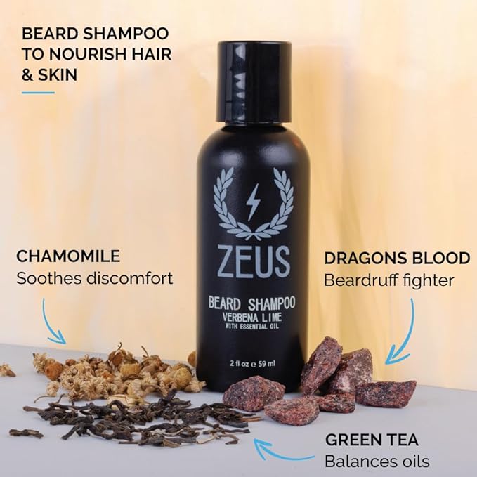 ZEUS Travel Beard Shampoo & Conditioner Combo for Men, Grooming Set with Green Tea & Essential Oils, Softens, Hydrates & Moisturizes Facial Hair (Made in USA) Sandalwood