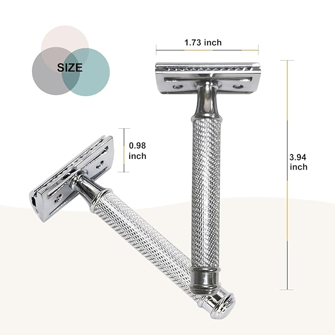 Double Edge Safety Razor Set With 20 Blades, Stand, Heavy Duty Kit for Men's Everyday Use and Smooth Close Shave (Silvery)