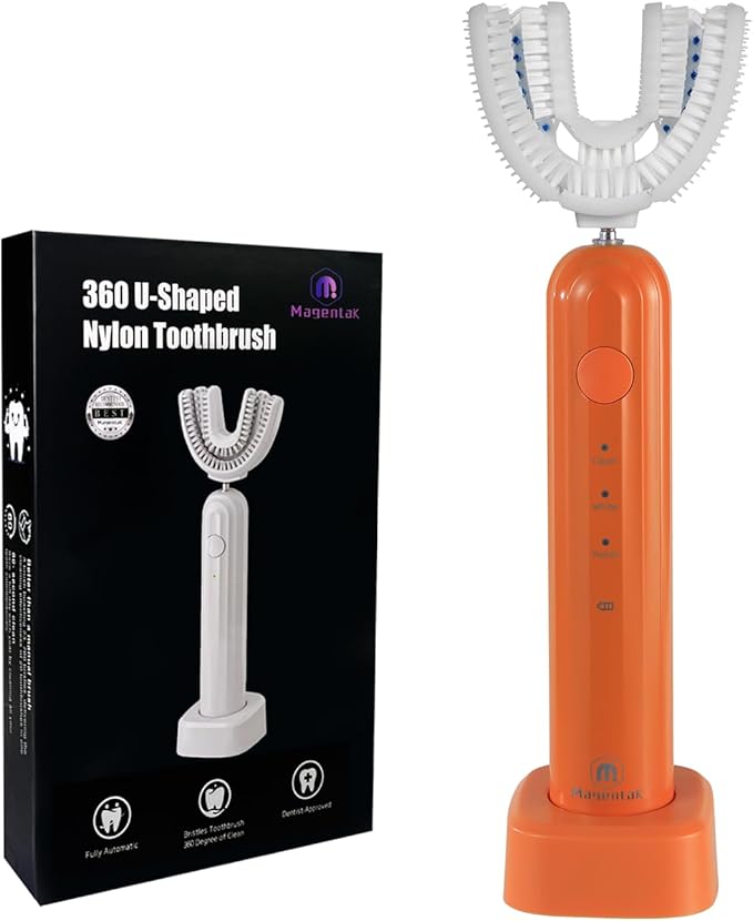 Ultrasonic U Shaped Toothbrush for Adults, Electric Toothbrush for 360-degree Cleaning with Wireless Charging, Waterproof IPX7, 3 Modes for Teeth Whitening(Orange)