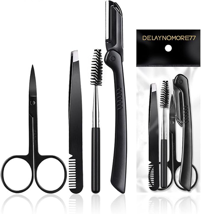 Eyebrow Razor Kit, 4 in 1 Professional Eyebrow Grooming Set for Women and Men, Including Eyebrow Razor Trimmer, Tweezer, Scissor, Eyelashes Roller, Storage Bag