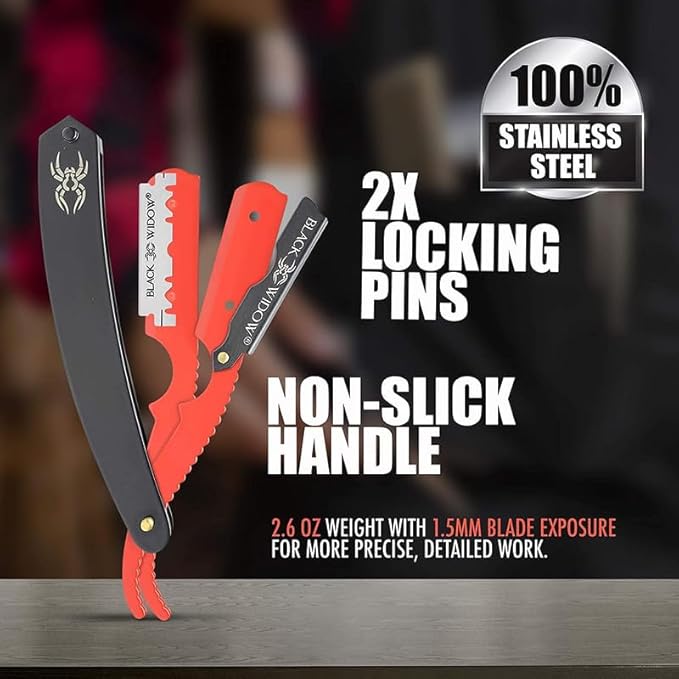 Black Widow Professional Barber Straight Edge Razor – Stainless Steel Shavette, 1.5 mm Blade Exposure, Matte Black & Red, 10 Double Edge Blades (20 Single-Edge) for Lineups & Beard Shaping
