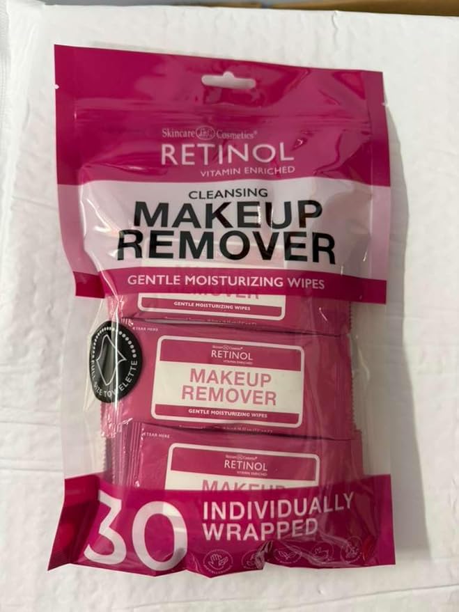 LIVAURA Retinol Individually Wrapped Makeup Remover Wipes, travel essentials for Travel & On the Go, women facial cleansing wipes, remove makeup mascara, with micellar water, 30 single face wipes
