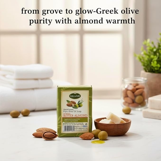 Kalliston, Olive Oil Soap bar with Bitter Almond extract, Includes Pumice stone, all natural soap bar, Product of Greece, Pack of 4