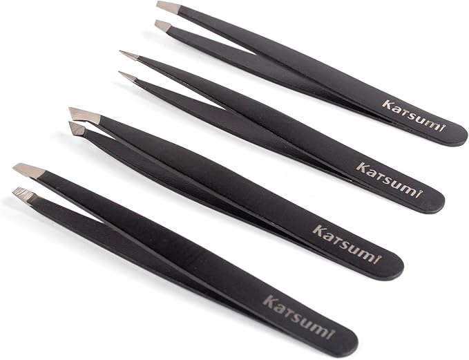 Katsumi Pinnacle 4-Piece Tweezers Set – Precision Stainless Steel Tweezers for Eyebrows, Facial Hair, Ingrown Hair, Splinters – Professional Beauty Kit Black