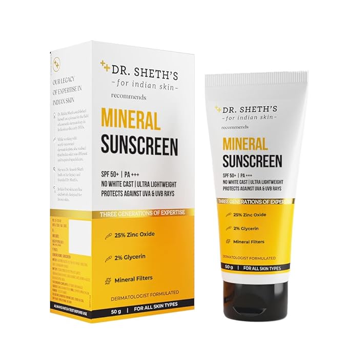 Dr. Sheth's Mineral Sunscreen SPF 50 PA+++ | Water Proof Sunscreen | Quick-absorbing | Ultra Lightweight & Non-sticky | 25% Zinc Oxide | for All Skin Types | for Women & Men | 50g