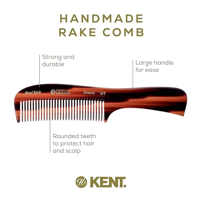 Kent 10T Graphite and Tortoise Large Detangler Comb, Handmade Wide Tooth Comb for Curly Hair, Detangling Combs For Wet and Dry Hair, Combs for Thick Hair, Saw-Cut and Hand Polished Made in England